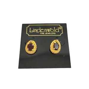 NWT Lindenwold Amber Red Gemstone & Gold Colored Oval Stud Earrings